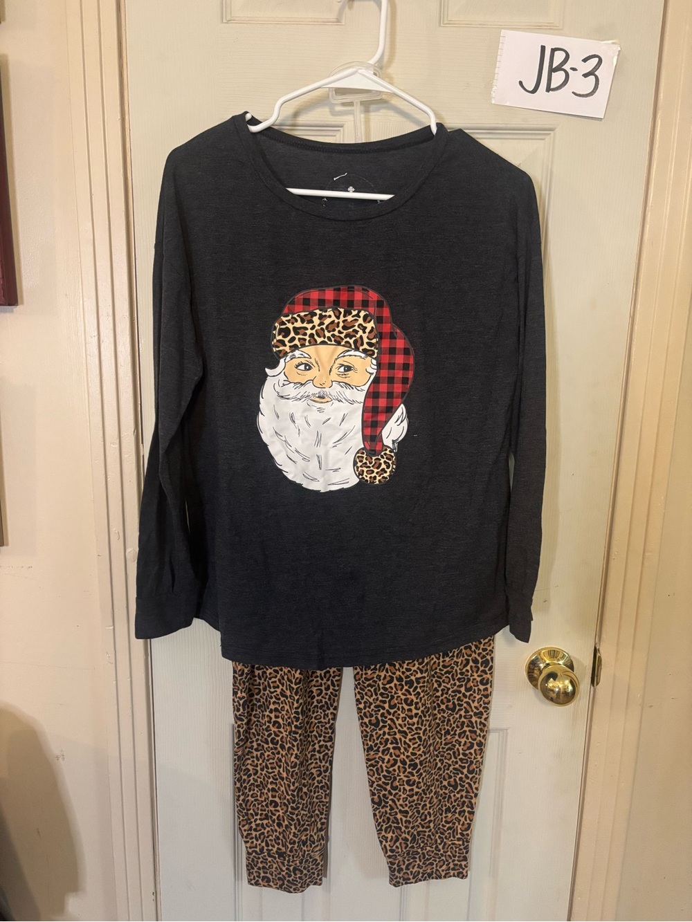 Anne Marie Black Santa Pajama Set with Red Plaid and Leopard Trim